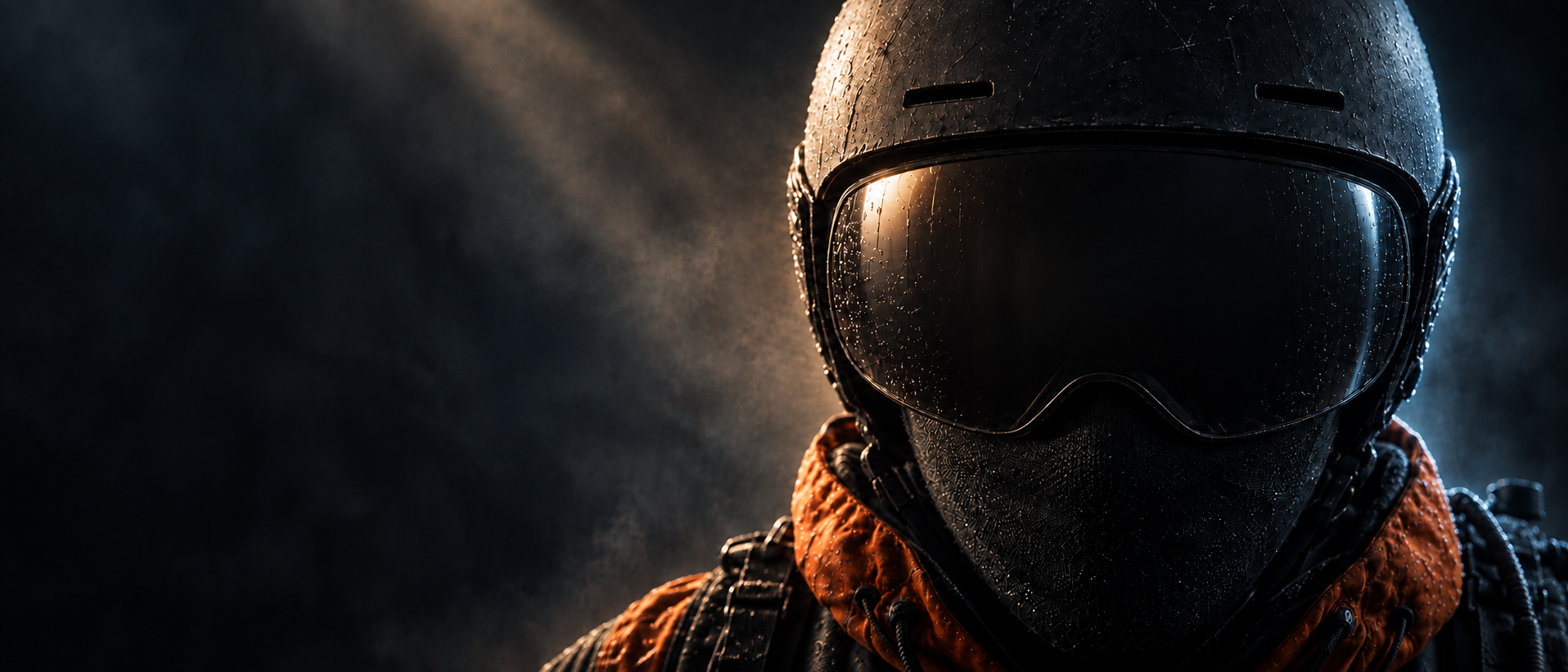 Rain-speckled black helmet with a dark visor and burnt-orange jacket